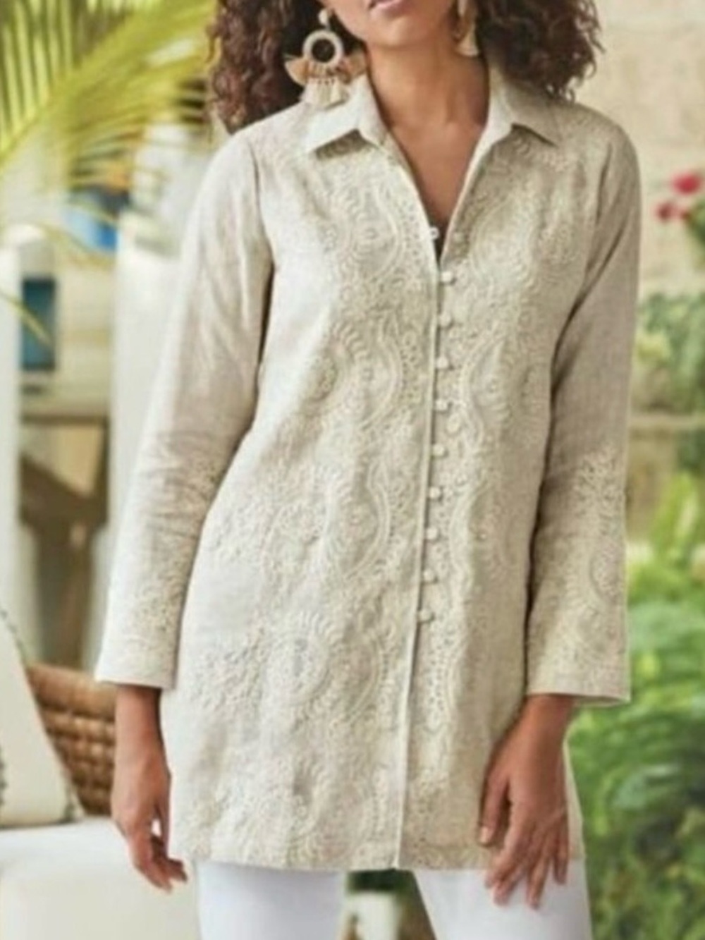 Soft Surroundings Ivory Embroidered Lace Tunic Top Linen Rayon Blend Size L